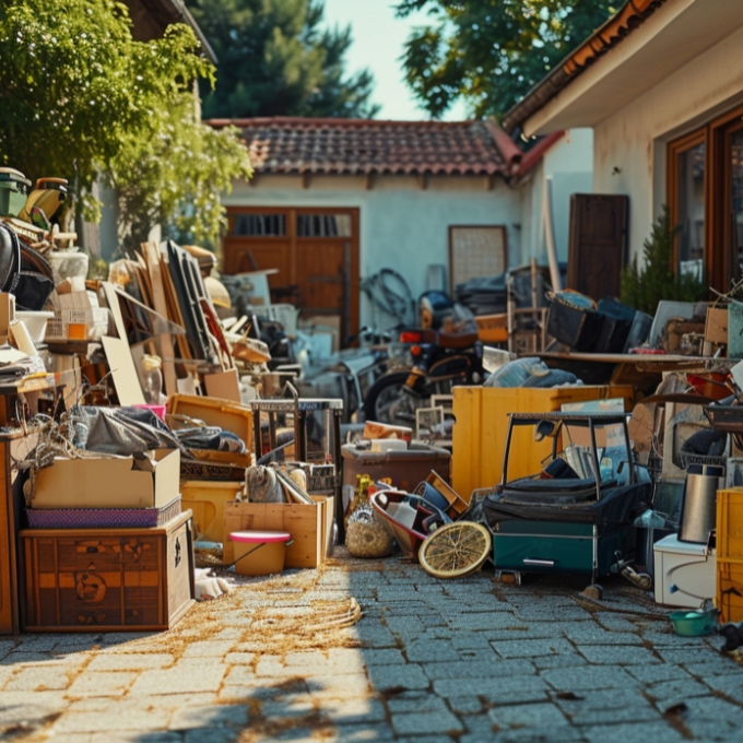 exterior-demo-section-01 Cluttered driveway filled with household junk awaiting removal.