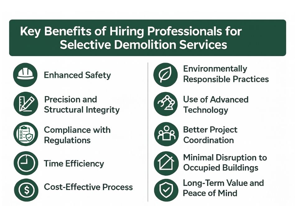 Infographic listing key benefits of professional selective demolition services with icons.